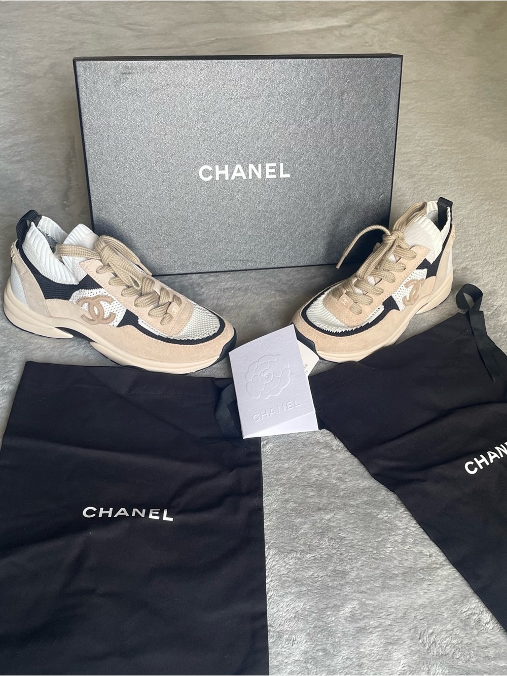 CHANEL Beige Black and White Layered Knit Suede Athletic Sneakers